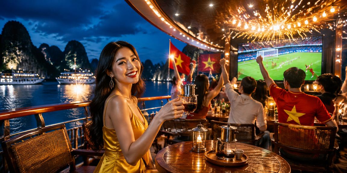 Người chơi xem kết quả cá cược bóng đá bên tách cà phê tại vùng vịnh Hạ Long
